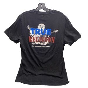True Religion Shirt Mens Medium Y2K Spell Out‎ Preppy Crew Neck Buddha Black